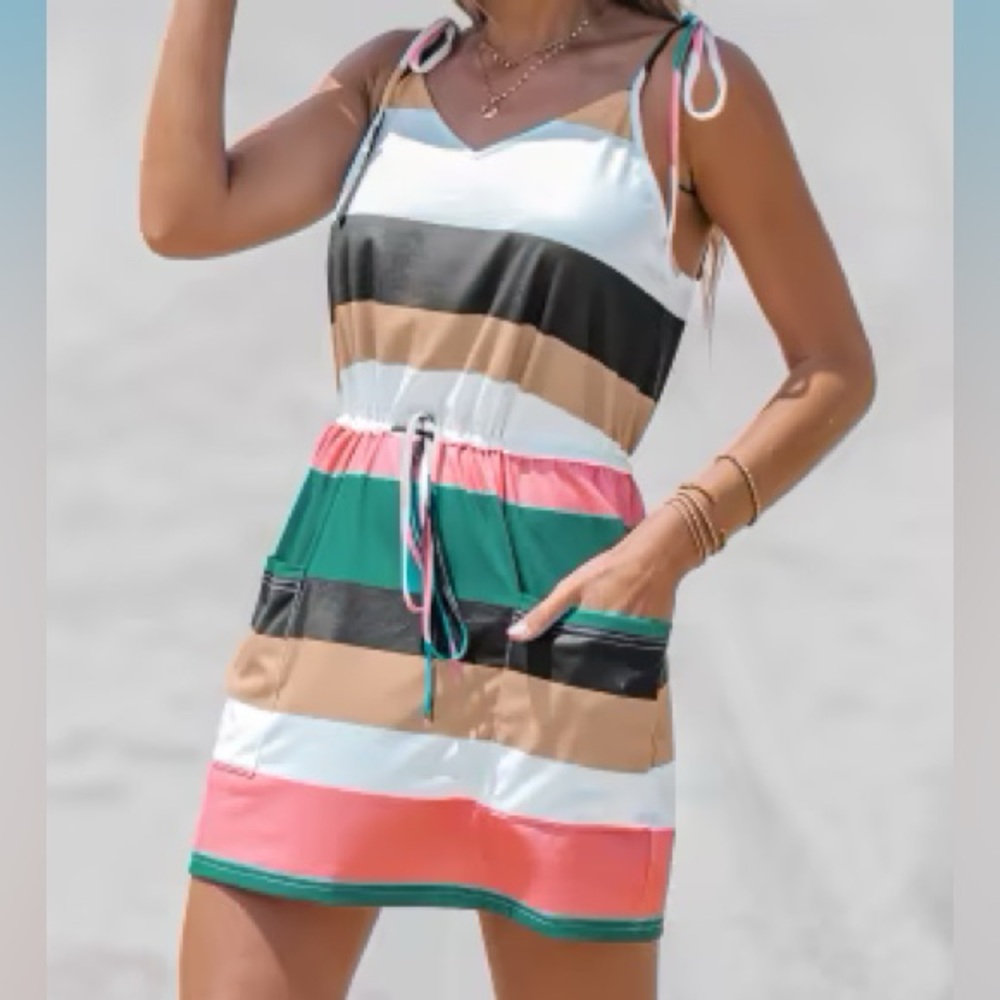 NWT Cupshe Striped Tie Strap Dress With Pockets S